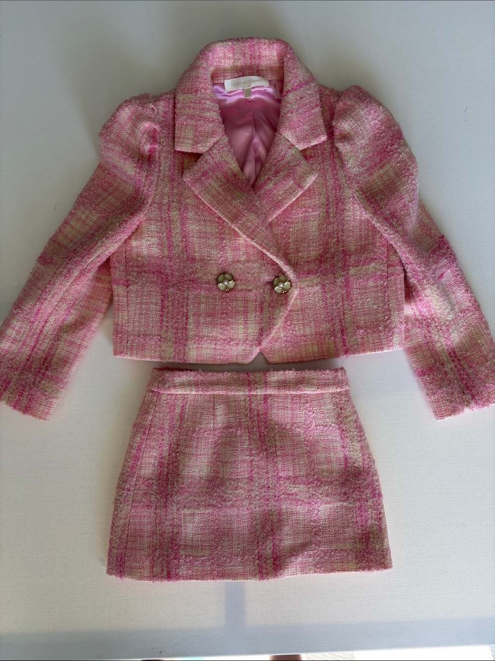 LoveShackFancy Pink Plaid Tweed Cropped Jacket & Skirt Set